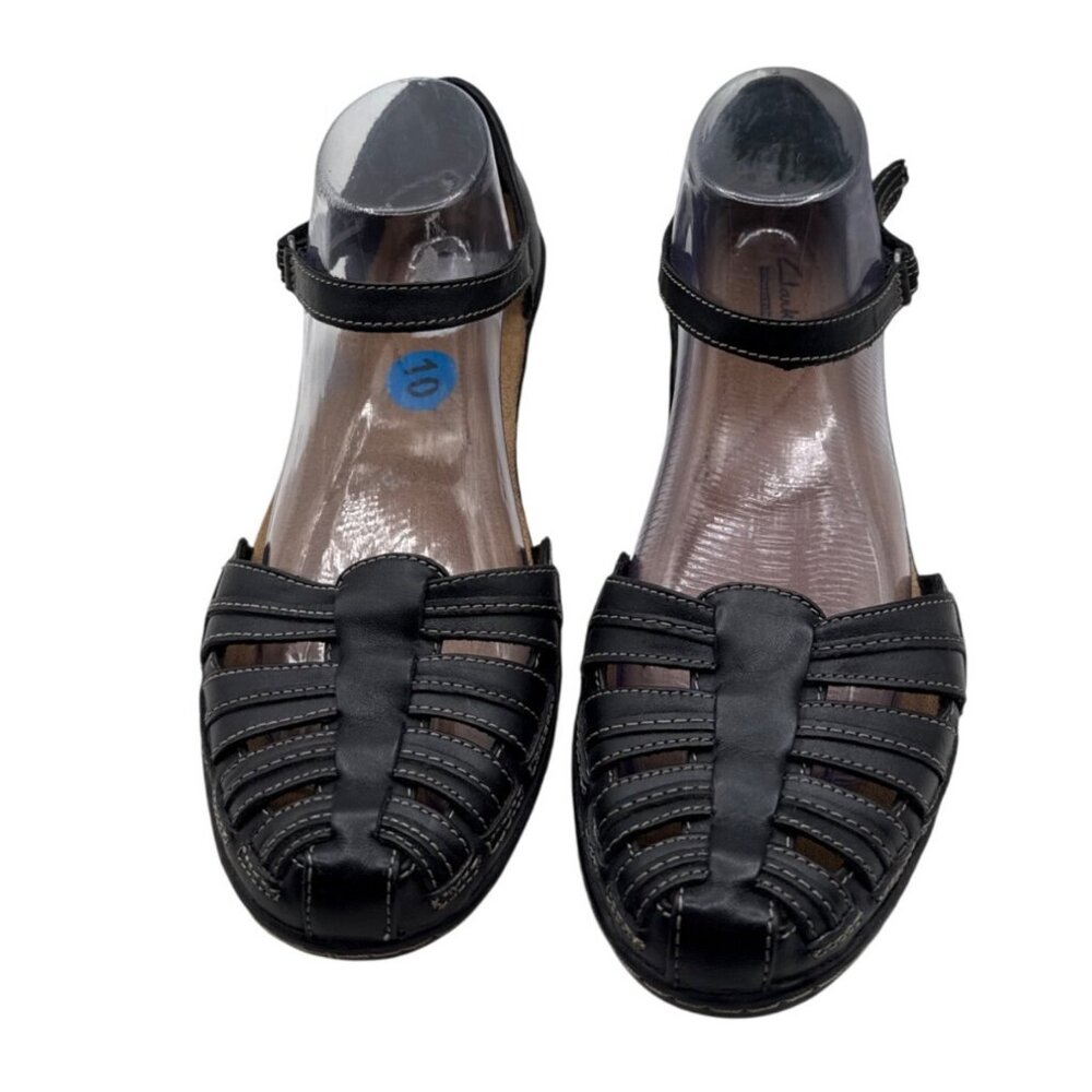 Womens Clarks Size 10 Leather Strappy Low Wedge Sandals Shoe